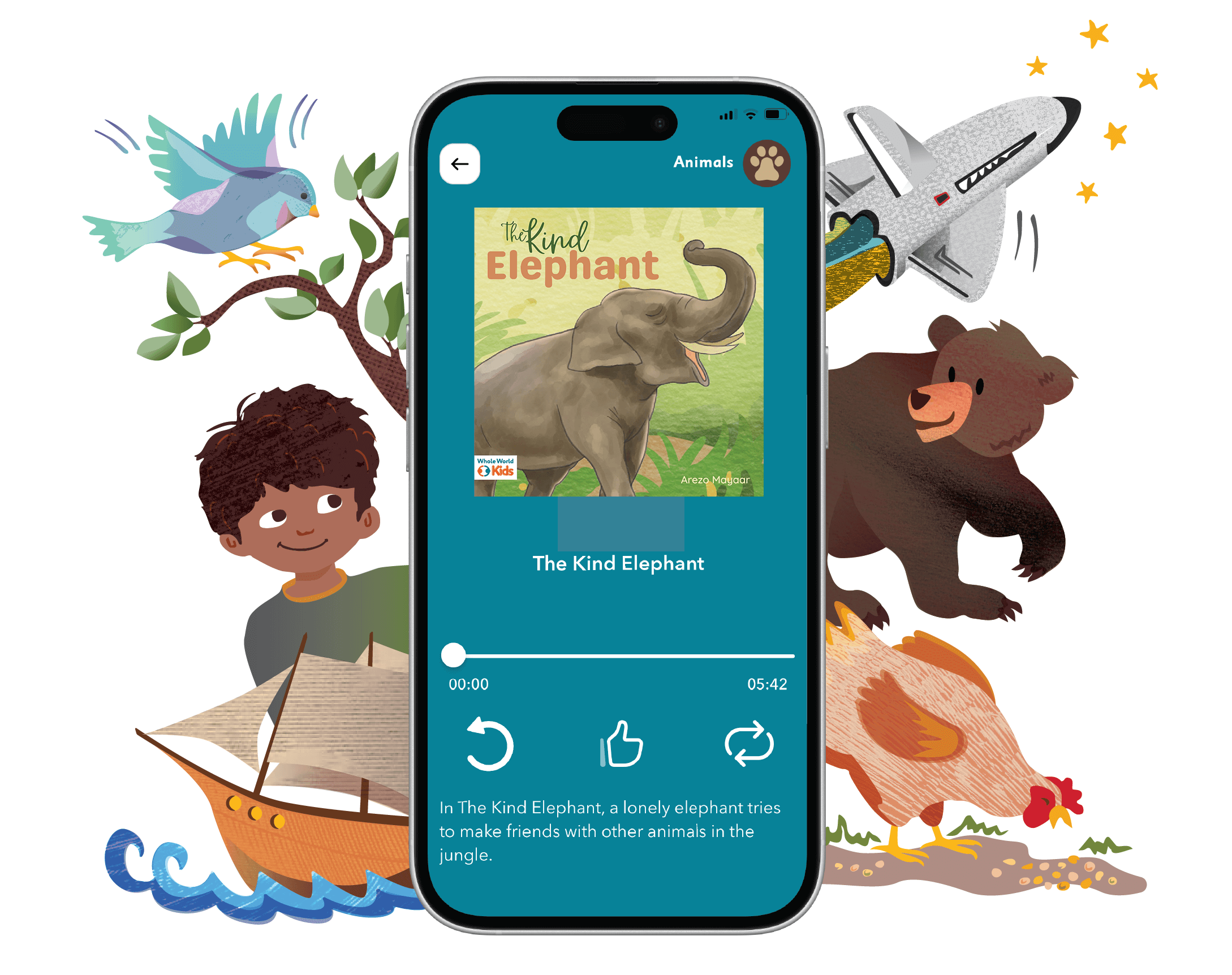 Image of the WWK app on amobile phone with a background showing a cartoon drwaings of a kid, bear, chicken, and space shuttle